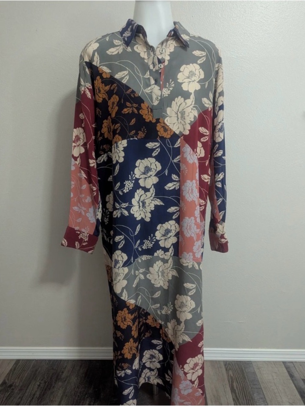 Johnny Was 100% Silk Patchwork Floral Long Sleeve Maxi Dress